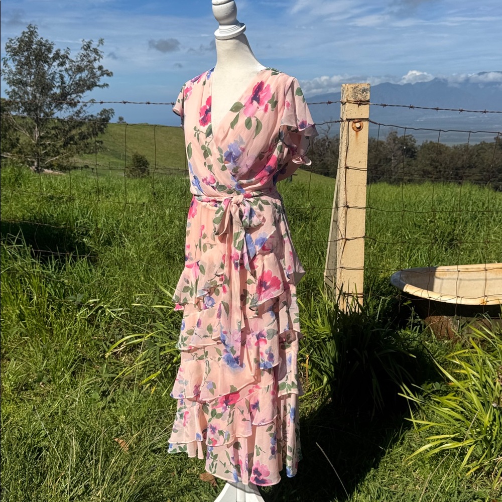 NWT Lauren Ralph Lauren Floral Belted Crinkle Georgette Dress Ruffle Pink 12 - Picture 4 of 8